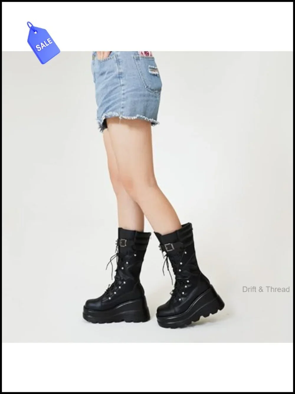 PU Leather Mid Calf Platform Boots with Chunky Wedge Heel
